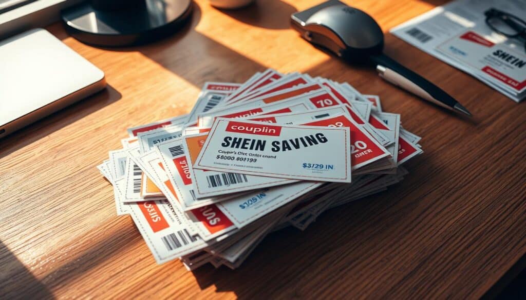 A neatly organized desk, its surface covered in a stack of colorful coupon codes and vouchers from the online fashion retailer SHEIN. The coupons are arranged in a visually appealing manner, with different denominations and designs layered atop one another, creating a sense of abundance and savings potential. Warm, natural lighting bathes the scene, casting gentle shadows and highlighting the textural details of the paper. The composition is balanced, with the coupons taking center stage, conveying the idea of strategic shopping and the ability to maximize discounts. An air of productivity and financial savvy permeates the image, perfectly reflecting the "Shopping Strategies: Combine Discounts, Codes, and Bundles" section of the article.