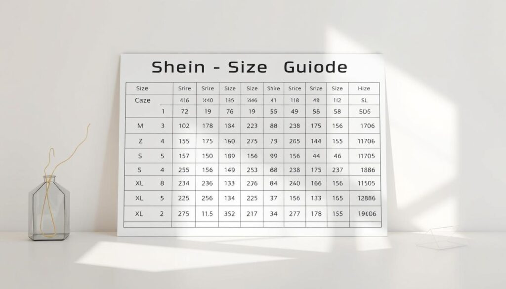 A neatly organized size chart on a clean, minimalist background. The chart displays sizing information for a variety of Shein apparel categories, presented in a clear, easy-to-read format. The chart is rendered in a muted, neutral color palette that complements the Shein brand aesthetic. Gentle, natural lighting illuminates the scene, creating a sense of clarity and approachability. The overall composition is balanced and visually appealing, making it an informative yet visually engaging illustration for the "Shein Size Guide" section of the article.