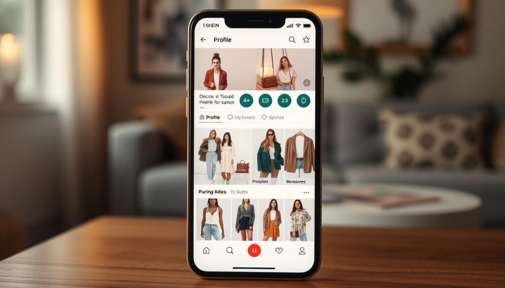A neatly organized, visually appealing Shein profile with a carefully curated selection of fashionable outfits, accessorized with stylish items. The profile is displayed on a sleek, minimalist smartphone screen, bathed in warm, natural lighting that highlights the high-quality product images. The background features a chic, modern home decor setting, with subtle patterns and textures that complement the fashion items. The overall mood is one of aspirational style, professionalism, and a keen eye for fashion curation, conveying the message that this profile is optimized to increase the user's chances of being selected for the Shein Free Initiative.