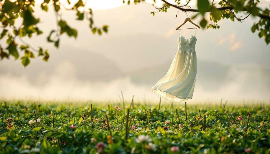 A peaceful, nature-inspired scene showcasing SHEIN's sustainability efforts. In the foreground, a verdant field of lush, diverse foliage and blooming flowers. In the middle ground, a modern, minimalist-style sustainable dress hovers gracefully, its fabric flowing in a gentle breeze. In the background, a serene, mountainous landscape bathed in warm, golden sunlight. Soft, diffused lighting casts a serene, almost ethereal ambiance. The overall composition conveys a sense of harmony, balance, and environmental consciousness, reflecting SHEIN's commitment to sustainable fashion.