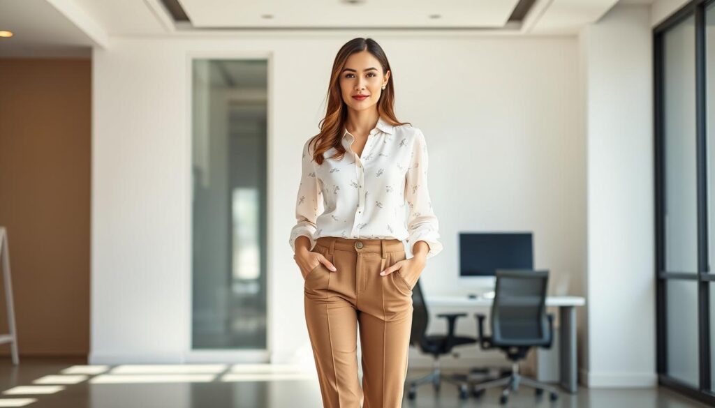 A professional woman stands in a bright, well-lit office, dressed in a stylish Shein blouse, tailored slacks, and classic heels. The blouse features delicate floral patterns and a flattering cut, accentuating her figure. The lighting casts a soft, natural glow, creating a polished and refined atmosphere. The background showcases a modern, minimalist workspace with clean lines and a neutral color scheme, allowing the outfit to take center stage. The woman's confident, poised expression conveys a sense of professionalism and elegance, perfectly embodying the "Styling Shein Blouses for Work and Professional Looks" theme.