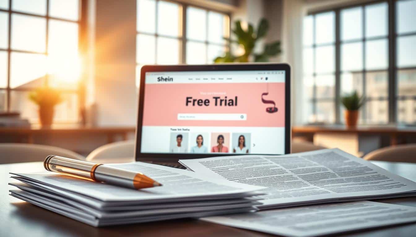 A serene and professional-looking office setting, showcasing a laptop screen displaying the Shein website's "Free Trial" section. The scene is bathed in warm, natural lighting streaming in through large windows, creating a productive and trustworthy atmosphere. In the foreground, carefully arranged legal documents and guidelines are visible, emphasizing the importance of following ethical and community-driven policies. The overall composition conveys a sense of transparency, responsibility, and a commitment to providing a positive and secure shopping experience for Shein customers.