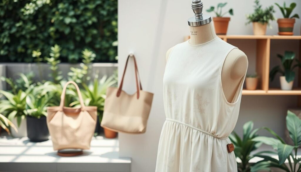 A serene, minimalist tableau showcasing sustainable fashion essentials from Revolve. In the foreground, a mannequin displays a chic, organic cotton dress with a subtle floral print, its folds and drapes captured in soft, natural lighting. The middle ground features a selection of accessory pieces - a woven tote bag, a pair of recycled plastic sunglasses, and a sleek, vegan leather belt. In the background, a lush, verdant garden scene with potted plants and a wooden display shelf hints at Revolve's commitment to ethical and environmentally-conscious practices. The overall atmosphere conveys a sense of harmony, simplicity, and a reverence for the natural world.