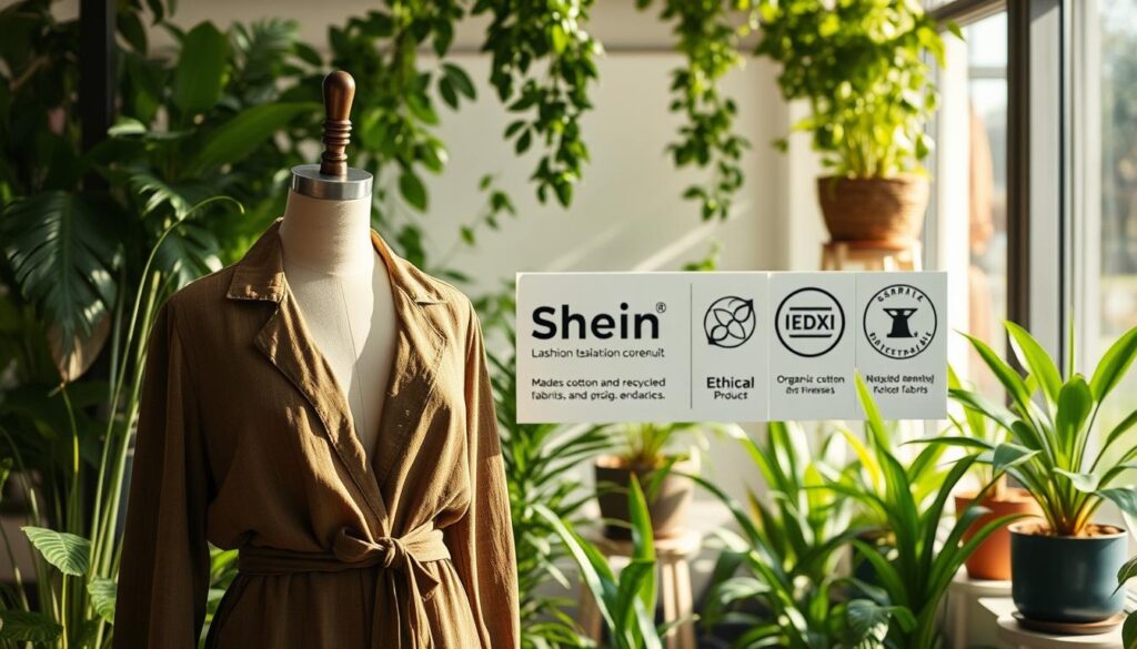 A serene sustainable fashion scene with lush greenery and eco-friendly materials. In the foreground, a mannequin showcases a stylish Shein outfit made from organic cotton and recycled fabrics, lit by soft natural lighting. In the middle ground, a minimalist display of Shein's ethical product tags and certifications. The background features a verdant indoor garden with potted plants, conveying a sense of environmental responsibility and mindful consumption.