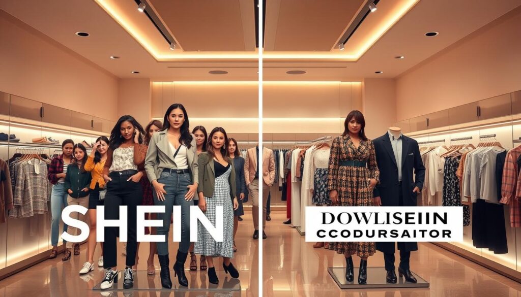 A side-by-side comparison of SHEIN celebrity collaborations versus other major fashion retailers. In the foreground, a collage of stylish outfits modeled by famous personalities, showcasing SHEIN's high-profile partnerships. In the middle ground, a contrasting display of apparel from competitor brands, highlighting the distinct aesthetic and accessibility of SHEIN's celebrity-endorsed designs. The background features a sleek, minimalist store setting, bathed in warm, cinematic lighting to convey a sense of glamour and exclusivity. The overall composition emphasizes SHEIN's ability to offer designer-level fashion at affordable prices, challenging the traditional retail landscape.