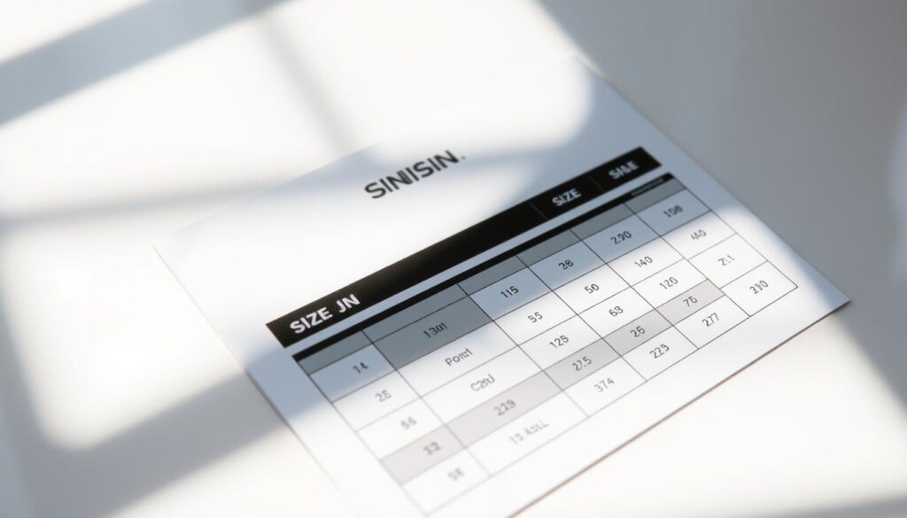 A sleek, high-quality product shot of a Shein sizing guide, with a clean, minimalist aesthetic. The guide is displayed on a smooth, reflective surface, bathed in soft, natural lighting that casts subtle shadows, highlighting the crisp typography and precise measurements. The layout is well-organized, with key size information prominently featured, conveying a sense of reliability and attention to detail. The overall composition is balanced and visually appealing, inviting the viewer to closely examine the guide and appreciate the brand's commitment to providing a helpful sizing resource.
