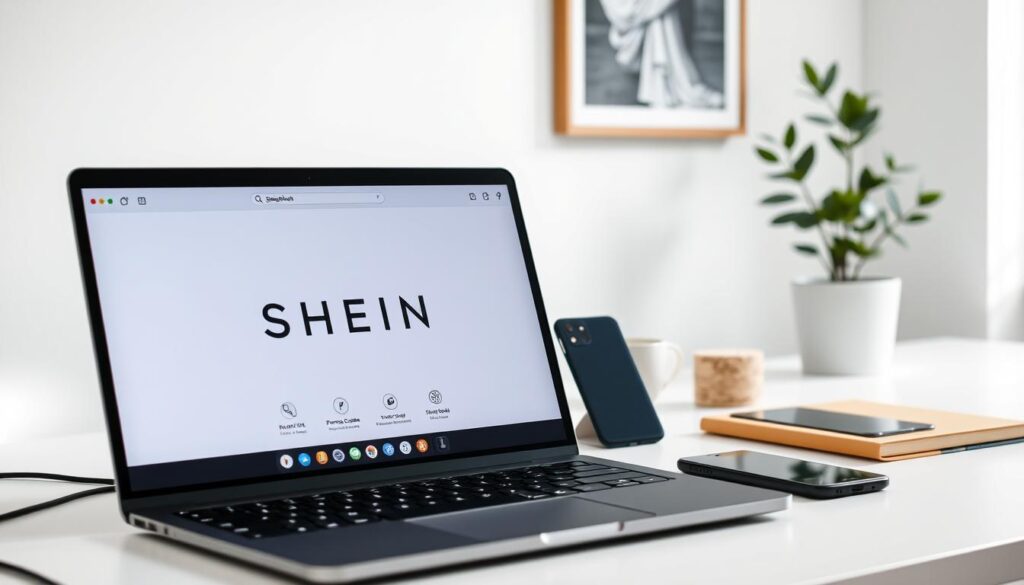 A sleek, minimalist desktop scene with a modern, Scandinavian aesthetic. In the foreground, a laptop screen displays the SHEIN logo alongside a search bar and a collection of promo code icons. The middle ground features a smartphone and a stylish desk organizer, while the background showcases a clean, white wall adorned with framed artwork and a potted plant. The lighting is soft and diffused, creating a warm, inviting ambiance. The overall composition emphasizes simplicity, efficiency, and the user's focus on finding the best SHEIN deals.