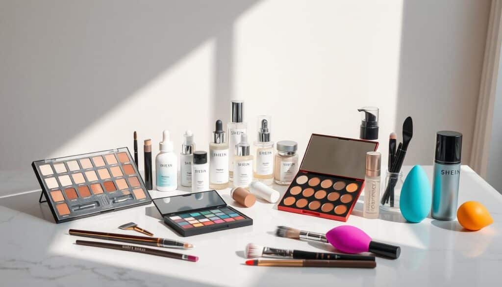A sleek, minimalist tabletop scene featuring an array of SHEIN beauty products and cosmetic tools. In the foreground, an assortment of vibrant makeup palettes, brushes, and beauty blenders are artfully arranged on a white marble or quartz surface, bathed in soft, diffused natural lighting. In the middle ground, a set of glass jars or bottles containing serums, moisturizers, and other skincare essentials are positioned, their labels and contents clearly visible. The background features a neutral, seamless backdrop, allowing the products to take center stage. The overall mood is one of sophistication, efficiency, and a touch of luxury, highlighting how SHEIN's beauty offerings can rival high-end alternatives.