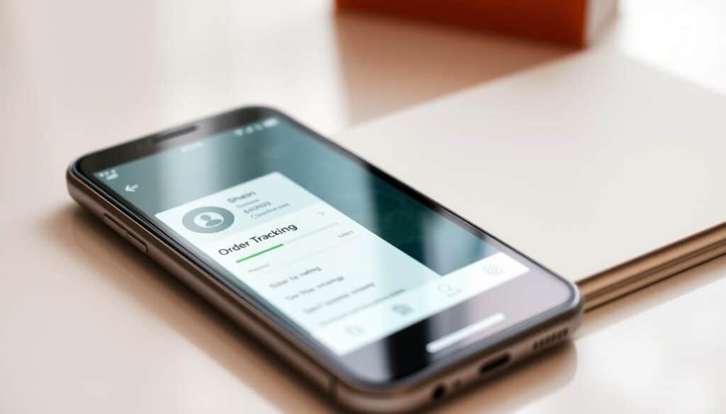 A sleek mobile device displays the Shein order tracking interface, its screen aglow with a warm, soft light. The user interface features a clean, minimalist design, with clear icons and intuitive navigation. The package's progress bar shows its current status, while a map in the background tracks its real-time location. The scene conveys a sense of convenience and transparency, reflecting the seamless shopping experience Shein aims to provide its customers. The overall composition is balanced, with the device positioned in the center, surrounded by a subtly blurred background that enhances the focal point.