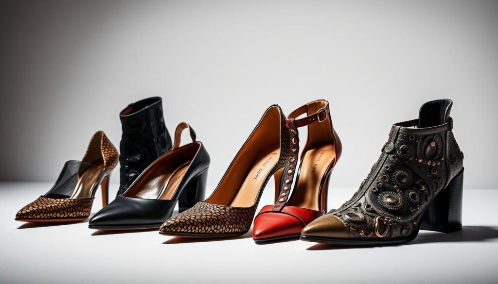 A sophisticated arrangement of fashionable Revolve shoes, showcased in a well-lit studio setting with a clean, minimalist background. The shoes are artfully displayed, capturing their intricate designs, textures, and materials in high detail. The lighting enhances the depth, shadows, and highlights, creating a sense of depth and three-dimensionality. The overall composition is balanced and visually appealing, drawing the viewer's attention to the key features of the Revolve shoe collection. The mood is one of elegance, style, and sophistication, reflecting the essence of the Revolve brand.