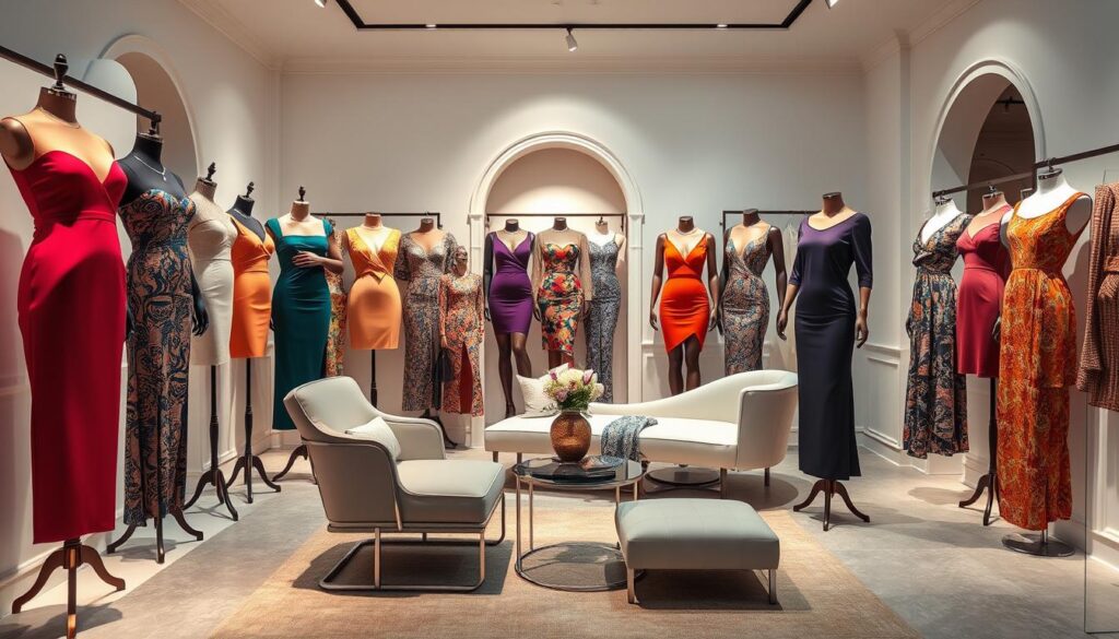 A sophisticated collection of fashionable FashionNova dresses showcased in a chic, high-end boutique setting. The foreground features a diverse array of form-fitting, on-trend dresses in vibrant colors and patterns, displayed on elegant mannequins against a backdrop of minimalist white walls and sleek, modern furniture. Soft, diffused lighting creates a warm, inviting atmosphere, highlighting the luxurious fabrics and intricate designs of the dresses. The middle ground incorporates subtle lifestyle elements, such as a stylish chaise lounge or a decorative vase, to suggest an upscale, lifestyle-oriented ambiance. The background incorporates subtle architectural details like arched doorways or minimalist shelving to convey a sense of refined, high-end sophistication. The overall scene evokes a sense of aspirational, fashionable elegance suitable for showcasing the versatile styling of FashionNova dresses.