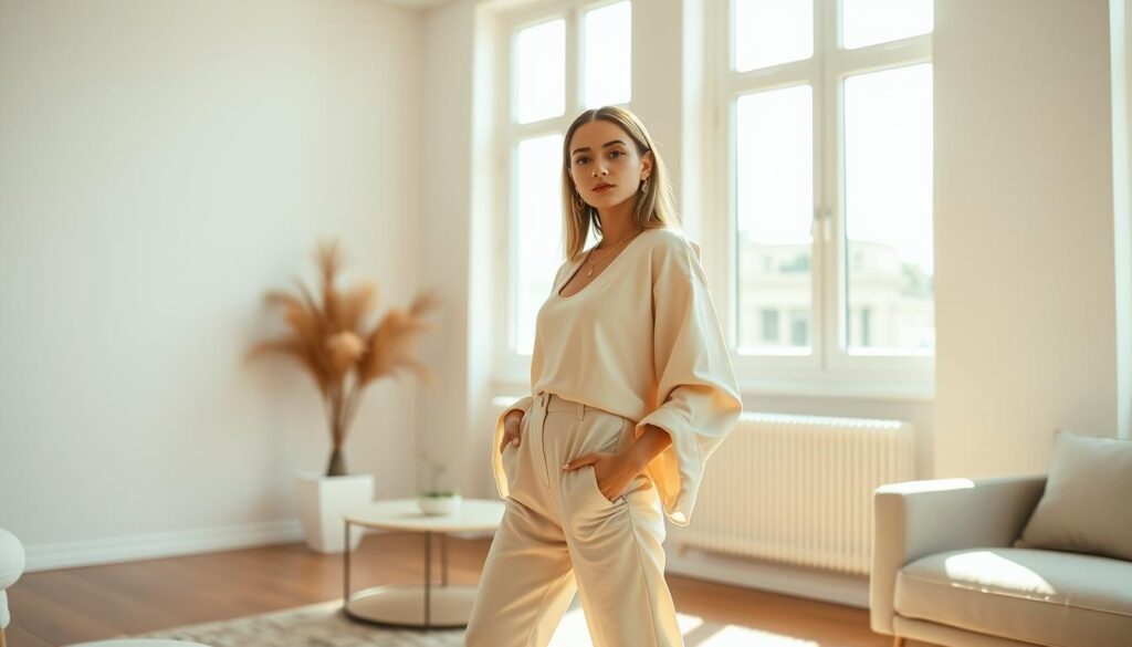 A sophisticated young woman stands confidently in a chic, minimalist apartment, showcasing her Shein fashion finds. Soft, natural lighting filters through large windows, casting a warm glow on her stylish ensemble. The woman's pose is relaxed yet intentional, highlighting the effortless elegance of her Shein pieces. In the background, a neutral color palette and clean lines create a serene, Instagram-worthy atmosphere, allowing the fashion to take center stage. The overall scene conveys a sense of elevated, trend-forward style that effortlessly elevates the Shein brand.