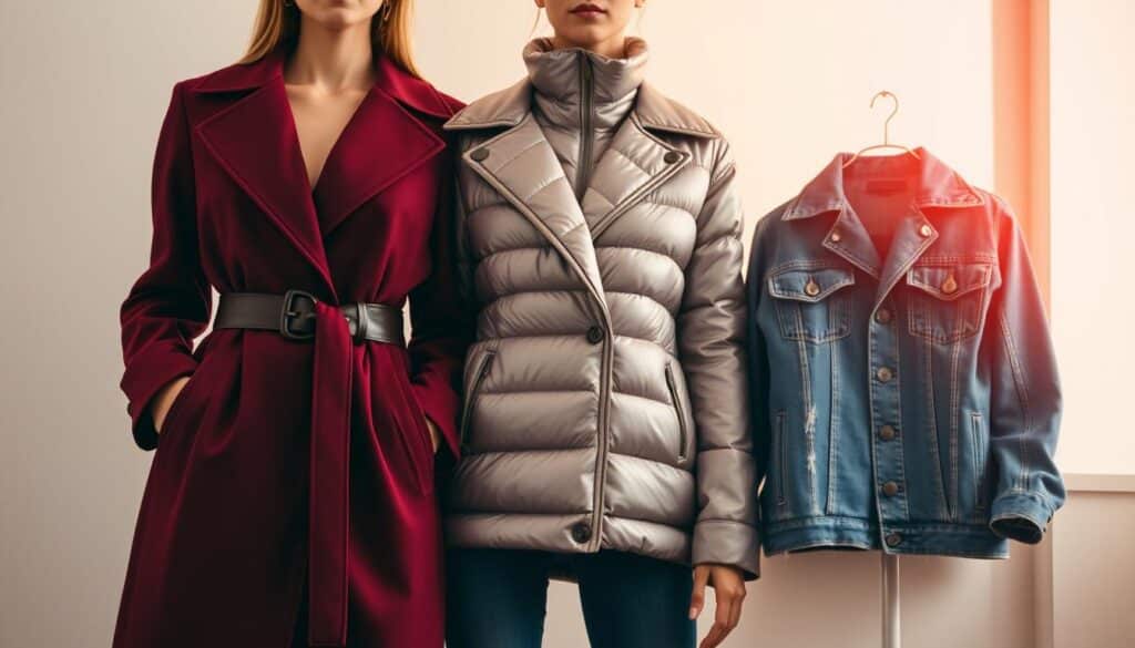 A stylish Shein outerwear collection for the chic, modern woman in 2025. The foreground features a well-tailored long coat in a rich burgundy hue, cinched at the waist with a sleek leather belt. The middle ground showcases a cozy yet fashionable puffer jacket in an eye-catching metallic silver, complete with a high collar and sleek, clean lines. In the background, a versatile denim jacket with distressed detailing and oversized lapels rounds out the selection. The lighting is soft and flattering, casting a warm, inviting glow. The camera angle is slightly elevated, allowing the outerwear pieces to be displayed in an elegant, aspirational manner. The overall mood is one of contemporary sophistication, perfectly suited for Shein's trendy 2025 outerwear collection.