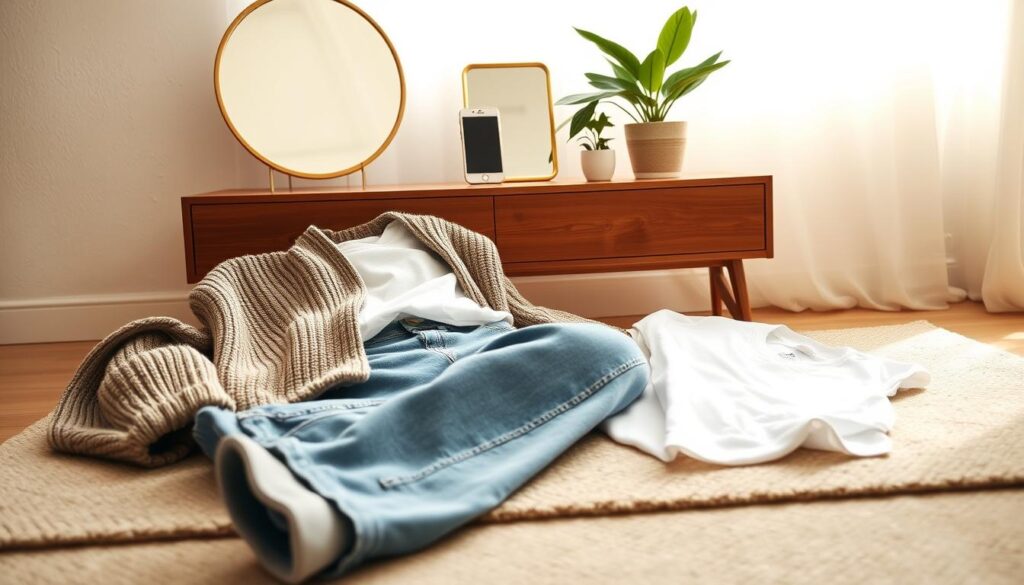 A stylish arrangement of classic Forever21 essentials, captured in warm, natural lighting with a focus on textures and materials. In the foreground, a cozy oversized sweater, relaxed denim jeans, and a crisp white t-shirt lay atop a neutral-toned rug. Behind them, a mid-century modern side table displays a minimalist gold-framed mirror, a sleek smartphone, and a potted plant, creating a harmonious, aspirational scene. In the background, a large window lets in soft, diffused sunlight, casting a gentle glow over the composition. The overall mood is one of effortless style and timeless appeal, showcasing the versatility and quality of Forever21's essential fashion pieces.