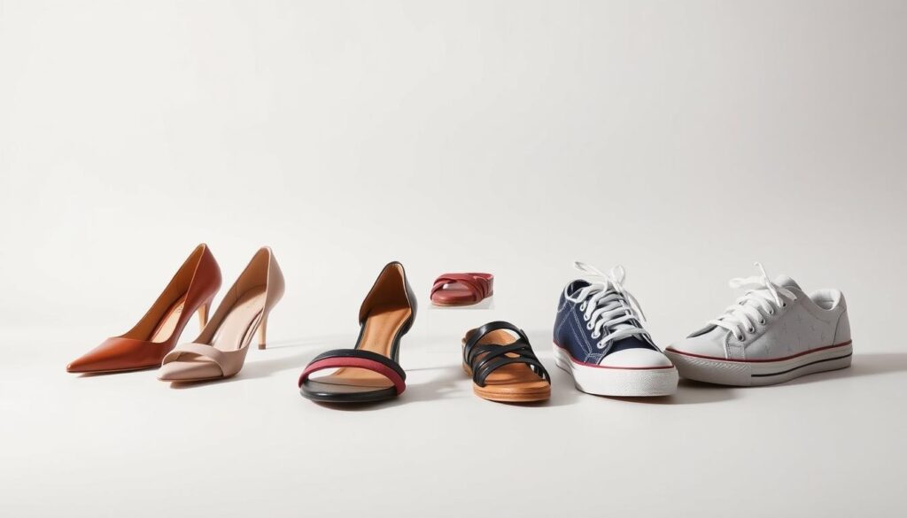A stylish arrangement of fashionable Shein shoes against a chic, minimalist backdrop. In the foreground, a diverse selection of trendy footwear - sleek leather pumps, strappy sandals, and playful sneakers - meticulously positioned to showcase their distinctive designs and materials. The middle ground features a simple, neutral-toned surface, allowing the shoes to take center stage. The background is a clean, softly-lit studio setting, providing a crisp, uncluttered environment that emphasizes the focal point of the image. Subtle shadows and highlights accentuate the shoes' forms, while the overall composition and lighting create a sense of sophistication and style, perfectly suited to illustrate the "Styling Ideas: Outfit Pairings with Shein Shoes" section of the article.