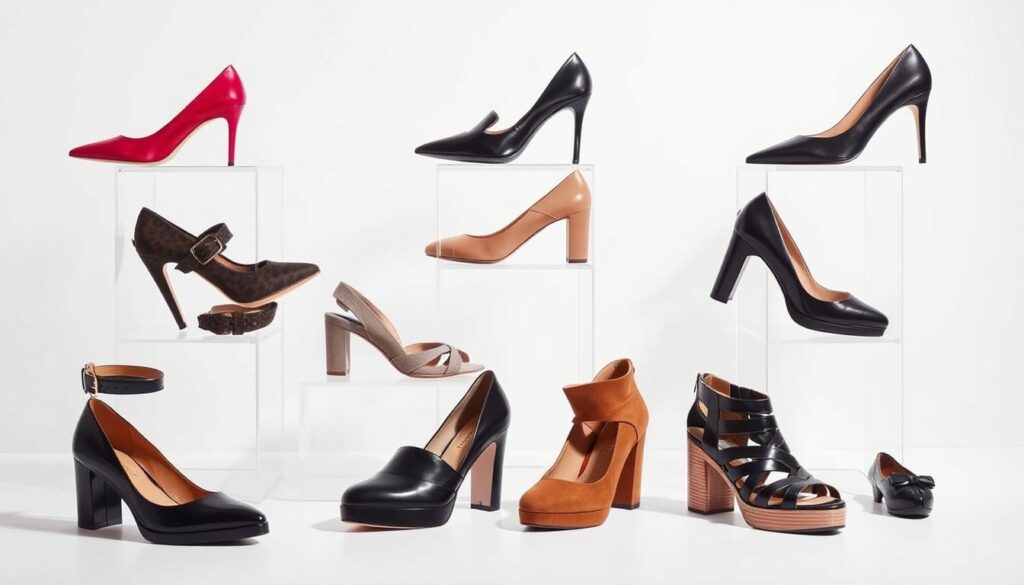 A stylish arrangement of trendy SHEIN shoes, captured in a well-lit studio setting with a clean, minimalist background. The shoes, arranged in a visually appealing composition, showcase a diverse range of styles, from sleek pumps to playful platforms, all showcasing the latest fashion-forward designs from the popular online retailer. The lighting accentuates the materials and textures of the footwear, creating a sense of depth and dimension. The overall mood is one of sophistication and contemporary style, perfectly complementing the "Footwear Finds from SHEIN That Pair with Accessories" section of the article.