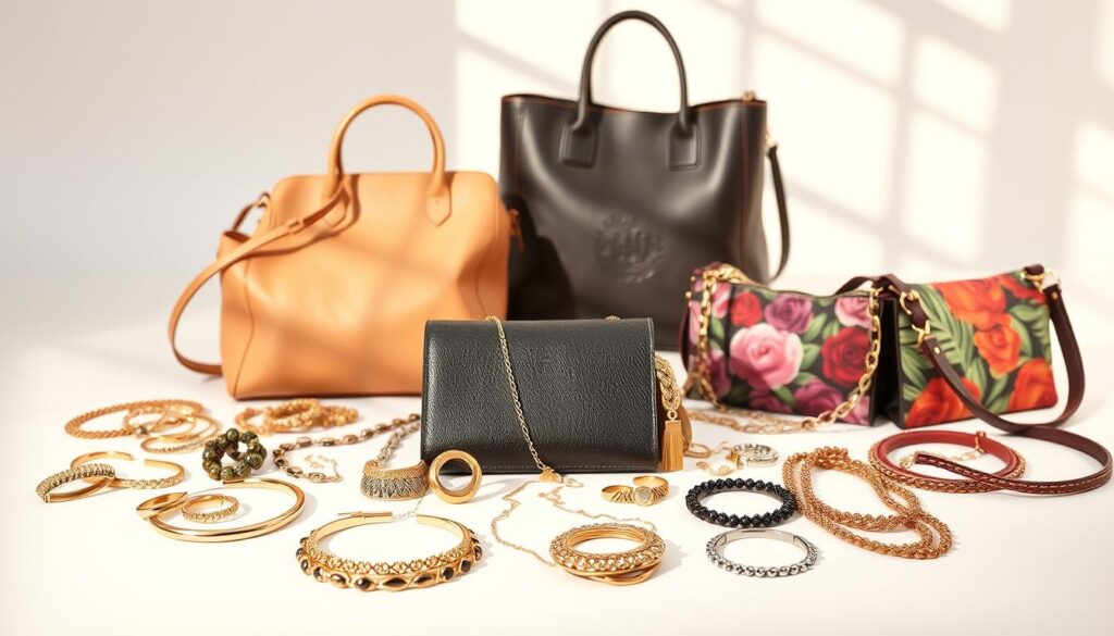 A stylish arrangement of trendy Shein accessories on a minimalist white backdrop. In the foreground, an array of statement jewelry pieces including gold hoops, chunky necklaces, and delicate ear cuffs. In the middle ground, a selection of chic handbags, from sleek leather totes to vibrant printed crossbodies. The background features a softly illuminated setting, with warm, natural lighting casting a gentle glow over the accessories. The overall mood is one of fashion-forward sophistication, highlighting Shein's ability to deliver high-quality, on-trend accessories that can elevate any outfit.