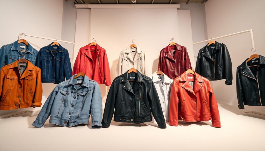 A stylish assortment of Shein jackets in a well-lit studio setting. In the foreground, a selection of trendy outerwear pieces ranging from classic denim to sleek faux leather, showcasing the brand's diverse offerings. In the middle ground, the jackets are artfully arranged on a neutral backdrop, allowing their vibrant colors and intricate details to shine. The lighting is soft and diffused, creating a warm, inviting atmosphere that highlights the high-quality craftsmanship of the garments. The camera angle is slightly elevated, providing an elegant, editorial perspective that captures the essence of Shein's chic and accessible fashion.