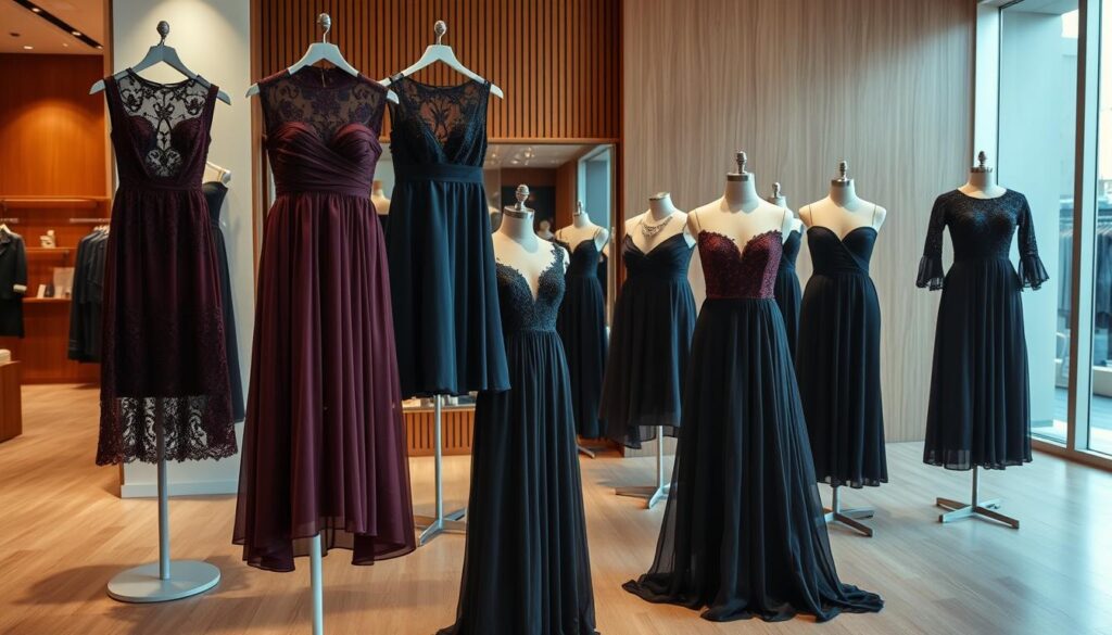 A stylish collection of Shein formal dresses elegantly displayed in a high-end boutique setting. The dresses feature intricate lace detailing, flowing chiffon fabrics, and a range of bold colors like deep burgundy, midnight blue, and classic black. The lighting is soft and flattering, accentuating the luxurious textures and silhouettes. The dresses are arranged on sleek, modern display stands against a backdrop of warm, wooden tones and minimalist decor, creating an atmosphere of sophistication and refinement. The overall scene conveys a sense of affordable, yet chic and occasion-ready fashion.