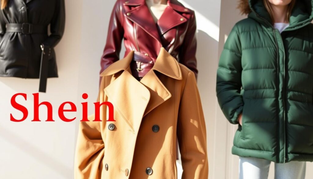 A stylish collection of Shein outerwear pieces, showcasing the brand's latest fashion trends for 2025. In the foreground, a well-tailored trench coat in a rich camel hue, with subtle detailing and a flattering silhouette. In the middle ground, a sleek leather jacket in a deep burgundy shade, complemented by a chic belted waist. In the background, a cozy hooded puffer jacket in a vibrant forest green, perfect for brisk autumn days. The lighting is soft and natural, highlighting the high-quality fabrics and on-trend designs. The overall mood is one of effortless elegance and modern sophistication, perfectly capturing the essence of must-have Shein pieces for every closet.