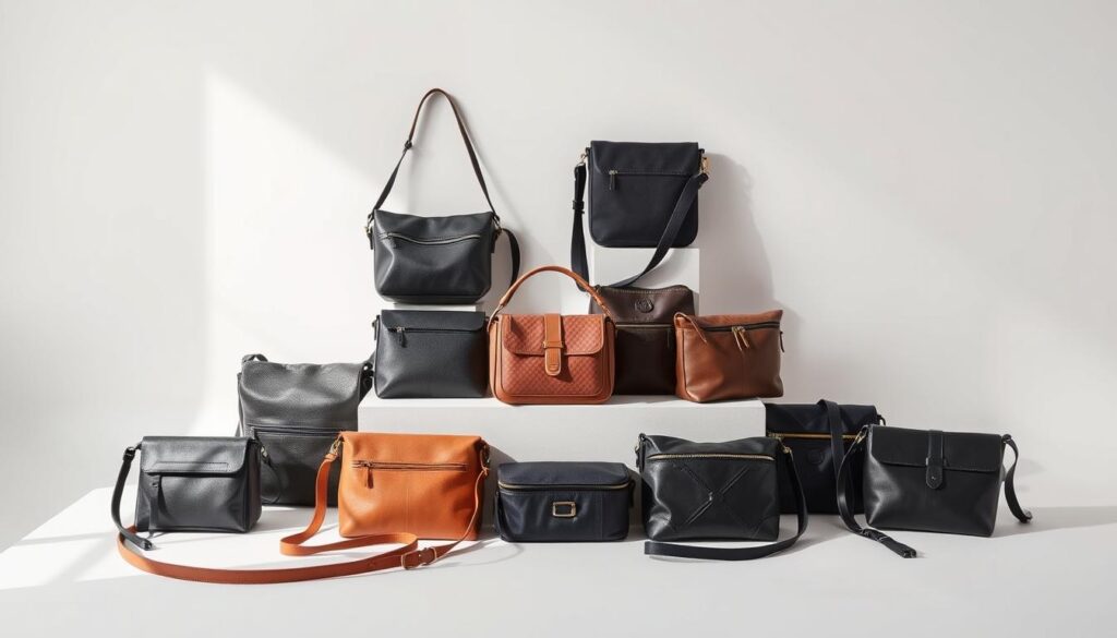 A stylish collection of sleek crossbody bags displayed in a well-lit studio setting. A variety of shapes, sizes, and materials are featured, including leather, canvas, and nylon. The bags are arranged on a minimalist backdrop, with soft shadows and highlights accentuating their textures and details. The overall atmosphere is one of sophistication and versatility, reflecting the essential role these bags play in elevating everyday outfits. The camera angle provides a three-quarter view, allowing the viewer to appreciate the bags' unique designs and functionality.
