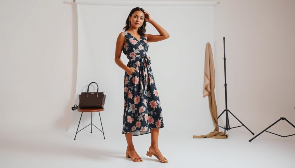 A stylish, well-lit studio setting featuring a meticulously styled Shein outfit. The foreground showcases a fashionable young woman posing confidently, dressed in a chic floral print midi dress, statement gold hoop earrings, and delicate strappy sandals. In the middle ground, a minimalist white backdrop allows the outfit to take center stage, while carefully placed accessories like a structured handbag and a silk scarf add depth and visual interest. The lighting is soft and diffused, creating a warm, inviting ambiance that highlights the high-quality, on-trend Shein pieces. The overall mood is one of effortless, modern style, inspiring the viewer to recreate similar outfits from Shein's latest collection.