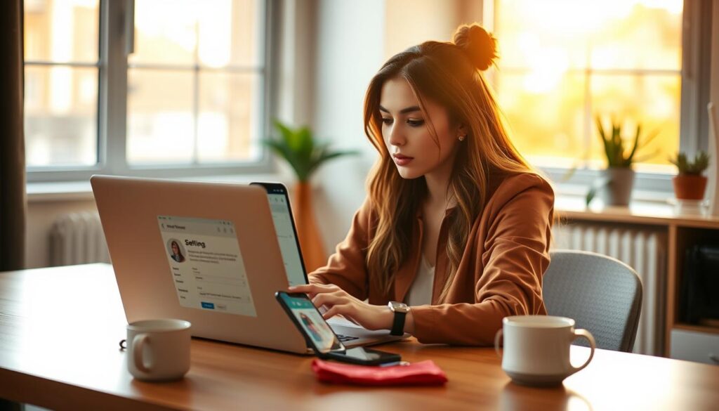 A stylish young woman sitting at her desk, intently focused on optimizing her Shein profile. The warm, natural lighting from a nearby window casts a soft glow, highlighting her thoughtful expression as she navigates the account settings. In the foreground, her laptop displays the Shein interface, while her smartphone rests nearby, ready to capture moments for her social media feeds. The middle ground features a minimal, organized workspace, with a potted plant and a mug of coffee adding personal touches. The background is blurred, creating a sense of depth and drawing the viewer's attention to the central figure as she works to streamline her Shein experience.