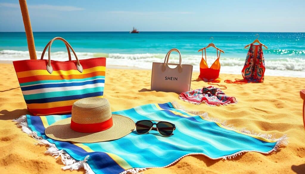 A sun-drenched beach scene with an array of stylish SHEIN accessories. In the foreground, a colorful beach towel, a straw hat, and a pair of sunglasses rest on the golden sand. In the middle ground, a sleek SHEIN beach bag and a collection of vibrant swimsuits and cover-ups beckon. The background features a tranquil ocean, its azure waves lapping at the shore under a cloudless sky. The lighting is warm and natural, casting a soft glow over the scene. The overall mood is one of relaxation and summer bliss, perfectly capturing the essence of the "Beach and Pool Accessories You'll Want to Pack" section.