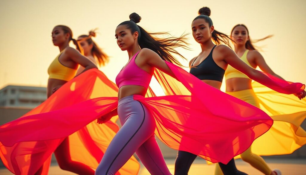 A vibrant and dynamic display of Shein's 2025 activewear collection, captured under warm, golden hour lighting with a cinematic, cinéma vérité aesthetic. Sleek, high-performance fabrics in bold, saturated colors flow effortlessly across athletic silhouettes, showcasing innovative designs tailored for the active lifestyle of the future. Layered textures and seamless transitions between garments create a sense of movement and energy, while strategic camera angles and depth of field emphasize the collection's technical sophistication and modern appeal. The overall mood is one of confident, forward-thinking style perfectly suited for the urban athleisure trends of 2025.