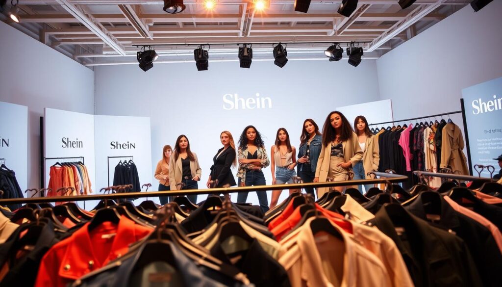 A vibrant and dynamic fashion collaboration showcase, captured in stunning detail. In the foreground, an array of stylish Shein clothing items and accessories, meticulously arranged to showcase the latest limited-edition designs. In the middle ground, models posing confidently, showcasing the collaborative pieces against a backdrop of sleek, minimalist studio lighting. The background features a clean, modern setting with hints of the Shein brand identity, creating a cohesive and visually appealing scene. The overall mood is one of excitement and anticipation, inviting the viewer to explore the latest Shein fashion trends and exclusive collaborations.