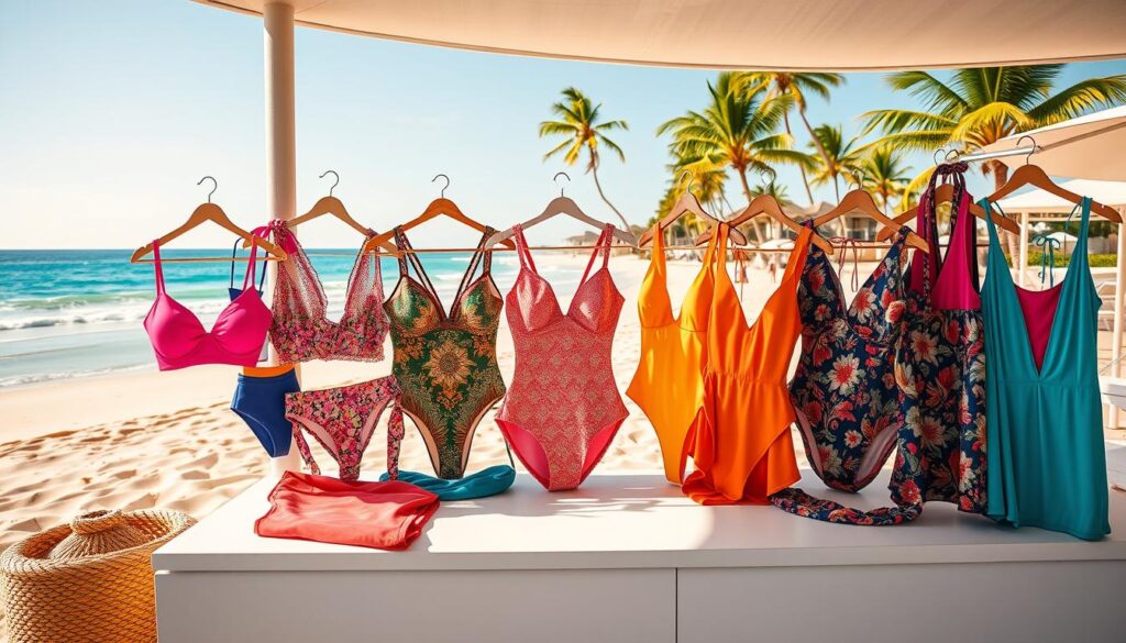 A vibrant and fashionable swimwear display in a chic beach setting. In the foreground, an array of Shein swimsuits in various bold colors, patterns, and silhouettes are elegantly arranged on a pristine white table, with a focus on the latest trendy styles. The middle ground features a sun-drenched beach scene, with soft, golden sand and gentle waves lapping at the shore. In the background, a picturesque coastal landscape unfolds, with lush palm trees swaying in a light breeze and a clear, azure sky overhead. The overall mood is one of relaxation, style, and the joyful spirit of summer. Soft, warm lighting casts a flattering glow over the entire scene, creating a visually appealing and aspirational image.