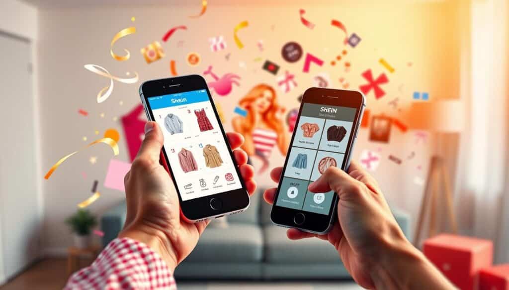 A vibrant and visually engaging image showcasing tips to maximize success in the Shein free initiative. In the foreground, a hand holding a smartphone displays the Shein app, with various icons and graphics indicating the steps to claim freebies. The middle ground features a dynamic composition of Shein product images, logos, and festive elements like confetti or ribbons, all bathed in warm, inviting lighting. The background subtly depicts a modern, minimalist interior setting, highlighting the convenience and accessibility of the Shein platform. The overall mood is one of excitement, opportunity, and a sense of anticipation for the free rewards available to savvy Shein customers.