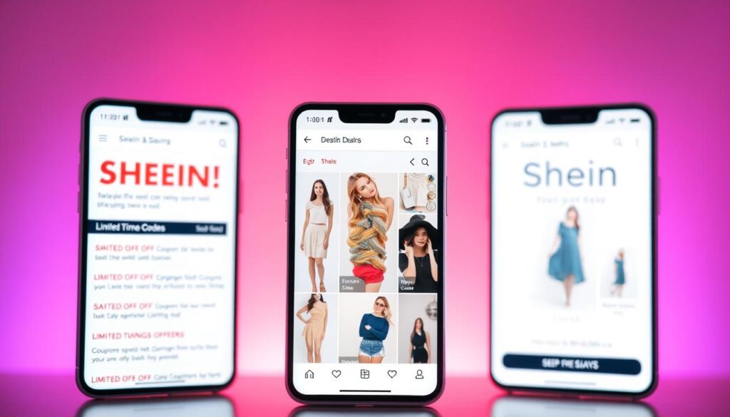 A vibrant and visually striking mobile app interface, showcasing a range of Shein fashion deals and discounts. The foreground features a clean, modern layout with bold typography highlighting various sale events, coupon codes, and limited-time offers. The middle ground showcases carefully curated product images, presented in an eye-catching grid layout to entice the user. In the background, a soft, gradient-based color scheme creates a sense of warmth and sophistication, complementing the app's branding. Soft, directional lighting illuminates the scene, creating depth and adding a touch of elegance. The overall mood is one of excitement and potential savings, inviting the user to explore the Shein app and discover the latest fashion trends at unbeatable prices.