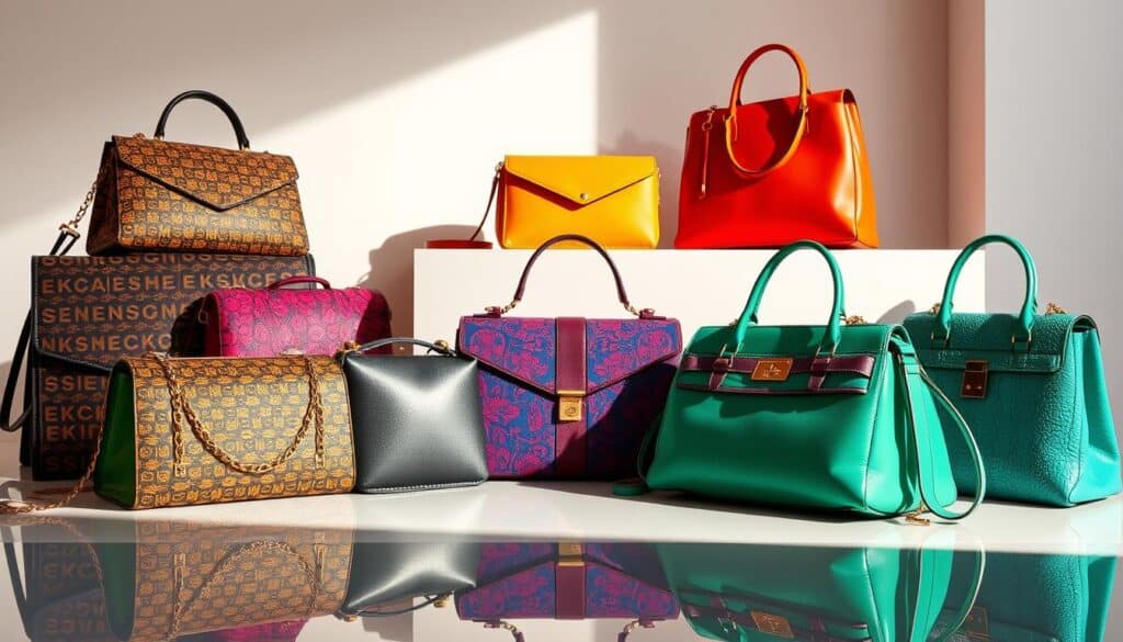 A vibrant arrangement of SHEIN statement bags, captured in a stylish still life setting. The foreground features a diverse collection of the brand's signature handbags, showcasing their bold colors, intricate patterns, and sleek silhouettes. Strategically placed against a minimalist backdrop, the bags are illuminated by a soft, diffused lighting that accentuates their luxurious textures and premium materials. In the middle ground, a subtle reflection of the bags can be seen on a polished, reflective surface, adding depth and visual interest to the composition. The background is a clean, neutral tone, allowing the vibrant bags to take center stage and captivate the viewer's attention. The overall mood is one of effortless elegance, inviting the viewer to imagine how these SHEIN statement bags could elevate and transform any wardrobe.