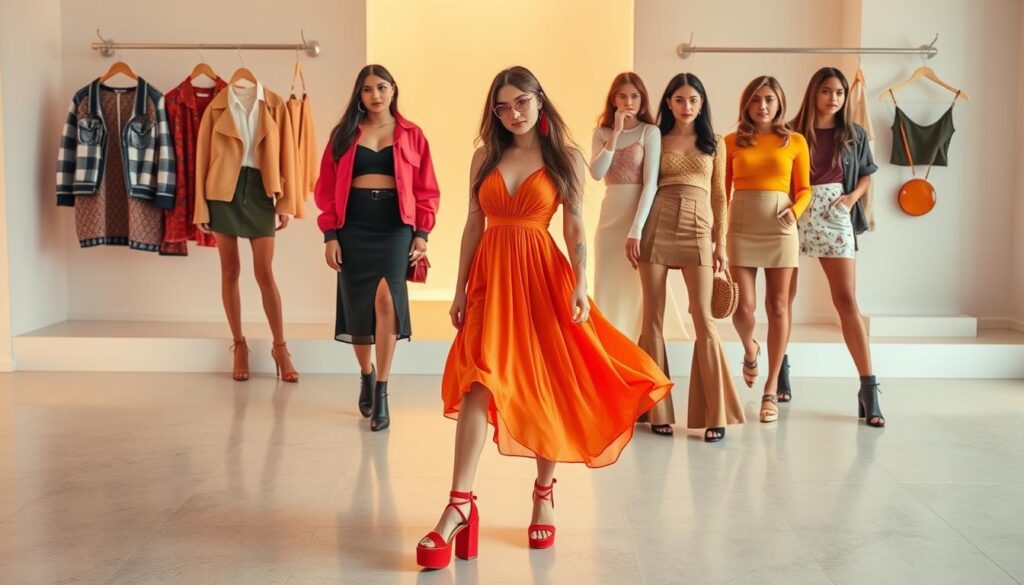 A vibrant array of the latest Shein fashion trends in a dynamic composition. In the foreground, a chic, colorful outfit ensemble - a flowy midi dress, platform sandals, and bold accessories. In the middle ground, additional trendy items like cropped cardigans, mini skirts, and stylish tops. In the background, a sleek, minimalist setting with soft, warm lighting, creating an inviting and aspirational atmosphere. The image conveys the current zeitgeist of Shein's exciting, affordable, and on-point styles, perfect for showcasing the season's top trending looks.