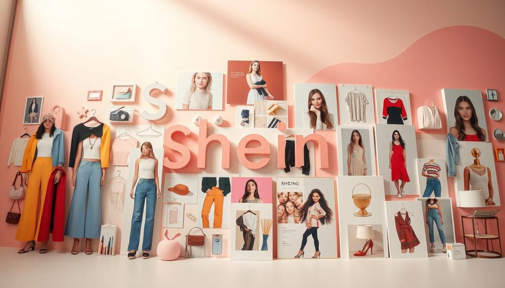 A vibrant collage of Shein's top trending fashion categories, captured with a wide-angle lens in soft, diffused lighting. The foreground showcases a dynamic arrangement of category icons, including women's clothing, accessories, beauty, and home decor, rendered in a sleek, minimalist aesthetic. The middle ground features stylized product images, showcasing the diverse and trendy offerings from the Shein platform. The background subtly blends warm pastel hues, creating a cohesive and visually appealing composition that embodies the brand's affordable, fashionable appeal.
