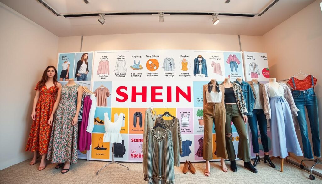 A vibrant collage of trending SHEIN categories, captured with a wide-angle lens in a warm, inviting studio setting. In the foreground, a curated selection of the latest fashion items - chic dresses, trendy tops, stylish bottoms, and must-have accessories. The middle ground showcases the diversity of SHEIN's product range, with colorful graphics and icons representing various categories. The background features a minimalist backdrop, allowing the fashionable elements to take center stage. Soft, diffused lighting creates a flattering, aspirational atmosphere, highlighting the on-trend styles and the platform's focus on delivering the hottest fashion trends.