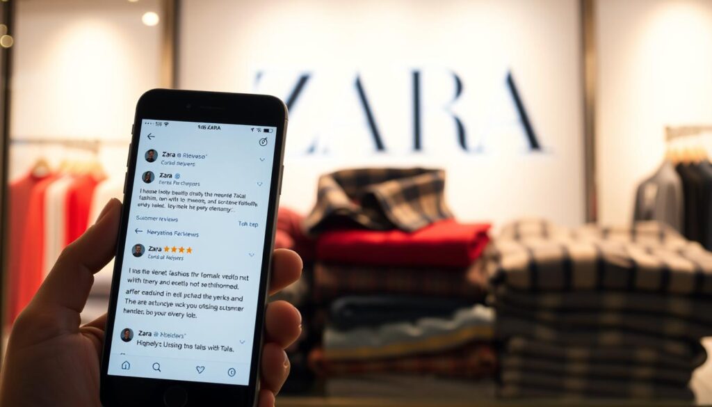 A vibrant collage showcasing customer reviews for Zara, the renowned fashion brand. In the foreground, a sleek smartphone displays positive feedback and ratings from satisfied shoppers. The middle ground features neatly folded Zara apparel, capturing the quality and style that has made the retailer a global phenomenon. In the background, a softly lit display of the brand's signature logo, emanating a sense of prestige and reliability. The lighting is warm and inviting, creating an atmosphere of trust and transparency around Zara's customer experience. Captured through a high-resolution lens, this image conveys the essence of Zara's commitment to delivering trendy, must-have fashion and meeting the evolving needs of its discerning clientele.