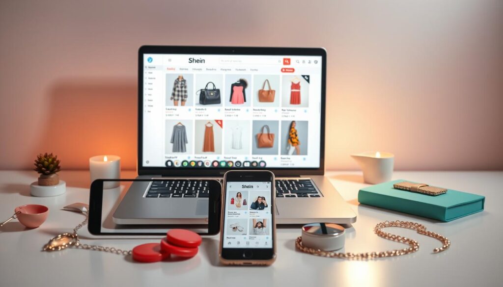 A vibrant desktop scene showcasing a laptop, smartphone, and various shopping items against a sleek, minimalist background. The laptop screen displays an array of Shein sale items, with the smartphone capturing the deals on the screen. Soft, warm lighting illuminates the setup, creating an inviting and aspirational atmosphere. The composition is balanced, with the products strategically placed to draw the viewer's attention. Elegant, modern styling complements the high-quality, fashionable nature of the Shein brand, enticing the viewer to explore the latest sale offerings.