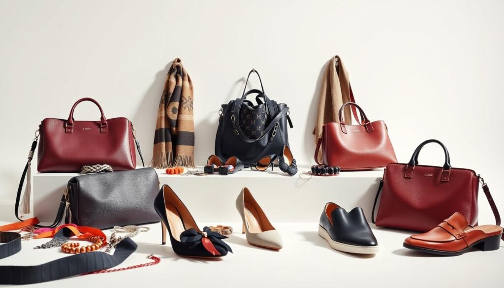 A vibrant display of H&M accessories, captured in a well-lit studio setting. In the foreground, an artful arrangement of trendy handbags, scarves, and jewelry pieces, each showcasing the brand's signature style and attention to detail. The middle ground features a selection of fashionable shoes, including high heels, loafers, and sneakers, all displayed against a clean, minimalist background. Soft, directional lighting accentuates the textures and colors of the accessories, creating a sense of depth and dimension. The overall composition conveys a sense of sophistication and modern elegance, perfectly complementing the "Accessories and Shoes to Complete Your Look" section of the article.