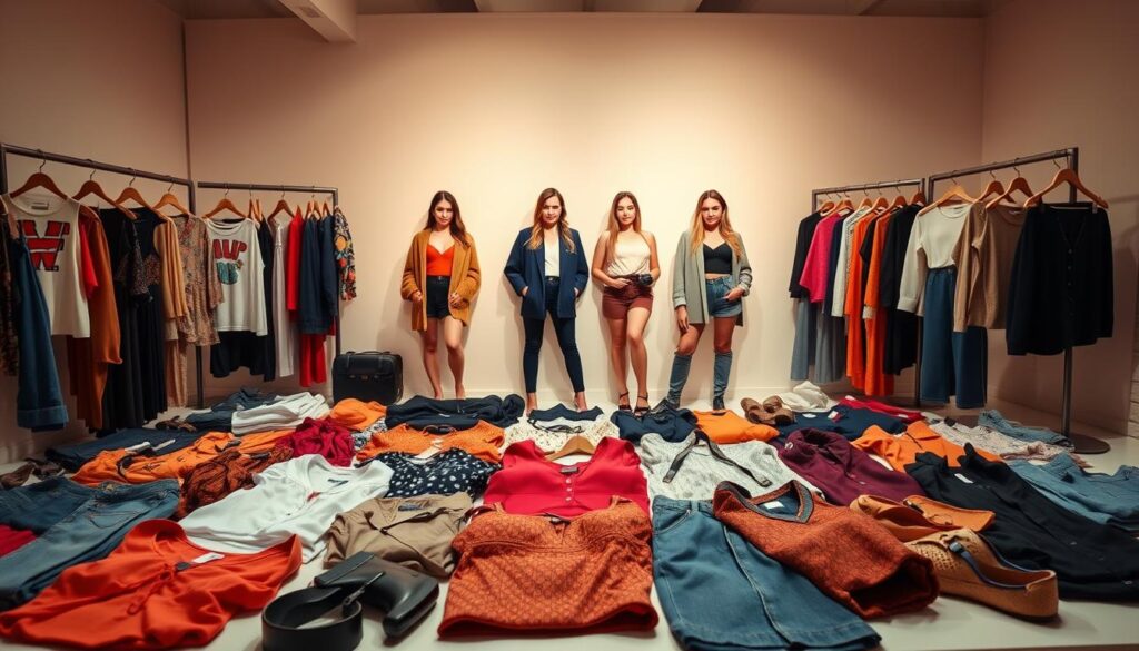 A vibrant display of Shein fashion treasures, showcasing a diverse array of trendy and budget-friendly clothing items. In the foreground, a carefully curated selection of stylish tops, bottoms, and accessories lie neatly arranged, each piece reflecting the latest Shein fashion trends. The middle ground features models showcasing the outfits in natural, well-lit poses, allowing the viewer to envision how the items would look when worn. The background is a soft, minimalist backdrop, drawing the focus to the clothing and creating a clean, aspirational atmosphere. The lighting is warm and diffused, highlighting the textures and colors of the Shein pieces, and the camera angle is slightly elevated to provide an inviting, inclusive perspective. The overall impression is one of accessible luxury, inspiring the viewer to explore Shein's diverse offerings and find their own budget-friendly fashion gems.
