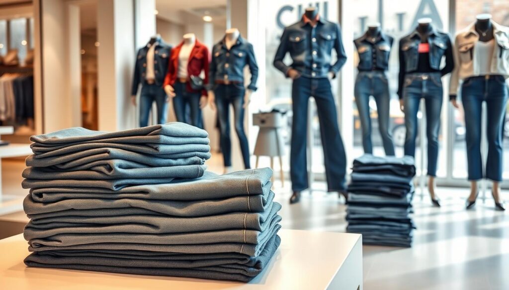 A vibrant display of Shein jeans, showcased in a modern retail setting. In the foreground, a neatly folded stack of high-quality denim in various washes and styles, invitingly arranged on a sleek, minimalist display table. The middle ground features well-dressed mannequins sporting the latest Shein jean trends, presented under bright, evenly-lit studio conditions that accentuate the fabric textures and fit. The background depicts a clean, airy storefront with large windows, allowing natural daylight to flood the space and create a welcoming ambiance. The overall scene conveys a sense of style, quality, and the excitement of discovering the best deals on Shein's impressive jean collection.