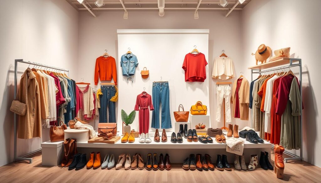 A vibrant display of Shein's seasonal fashion finds, showcased in a minimalist studio setting. In the foreground, an artfully arranged collection of on-trend apparel, accessories, and footwear in a harmonious color palette, capturing the essence of the current season. The middle ground features a seamless white backdrop, allowing the products to take center stage. Soft, diffused lighting illuminates the scene, creating a warm, inviting atmosphere. The overall composition exudes a sense of effortless style and aspirational appeal, reflecting the Shein brand's ability to deliver affordable, fashionable options for the season.