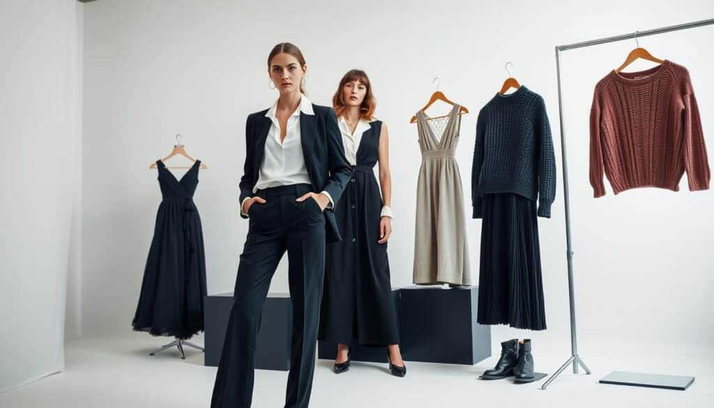 A vibrant, fashion-forward scene showcasing the latest must-have styles from Zara. In the foreground, a stunning model displays a chic and trendy ensemble, including a sleek blazer, crisp white blouse, and elegantly tailored pants. The middle ground features a curated selection of Zara's signature pieces, such as a flowing midi dress, a cozy knit sweater, and a stylish pair of ankle boots. The background is a minimalist studio setting, with clean white walls and subtle lighting that accentuates the textures and details of the garments. The overall atmosphere exudes a sense of modern sophistication and effortless style, capturing the essence of Zara's must-have fashion offerings.