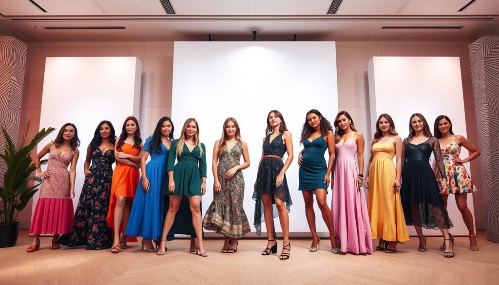 A vibrant, fashion-forward scene showcasing the latest trending SHEIN dresses. In the foreground, a group of stylish models pose confidently, showcasing an array of chic and affordable dresses in the hottest colors and silhouettes of the season. The middle ground features a stylized, minimalist backdrop with clean lines and soft, diffused lighting, highlighting the dresses' intricate details and textures. The background subtly blends trendy patterns and textural elements, creating an inviting and visually captivating atmosphere. Shoot with a wide-angle lens to capture the full ensemble, with a slight upward angle to accentuate the models' confident poses. The overall mood is one of modern, youthful elegance, reflecting the allure of SHEIN's latest must-have dress trends.