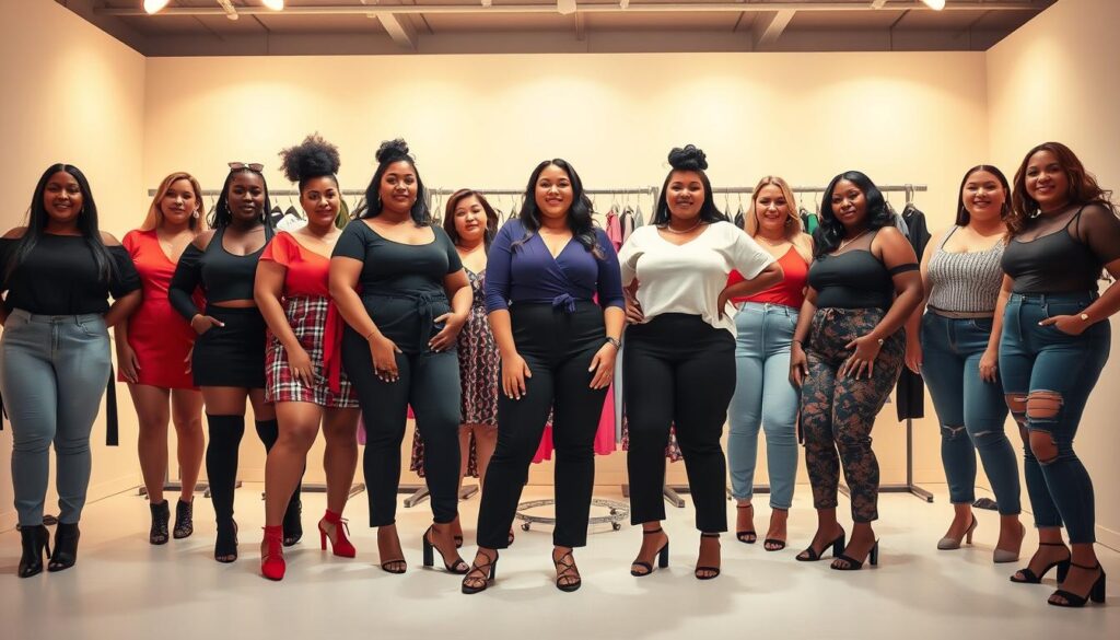 A vibrant, inclusive fashion display showcasing a diverse range of plus-size outfits. The foreground features a group of confident, stylishly dressed models in a variety of trendy, well-fitting garments, highlighting Missguided's commitment to inclusive sizing. The middle ground showcases a range of fashionable tops, dresses, and bottoms in a variety of colors and patterns, capturing the brand's contemporary aesthetic. The background depicts a bright, modern studio setting with clean white walls and warm, diffused lighting, creating a welcoming and empowering atmosphere. The overall scene conveys a message of body positivity, self-expression, and the celebration of diverse beauty.