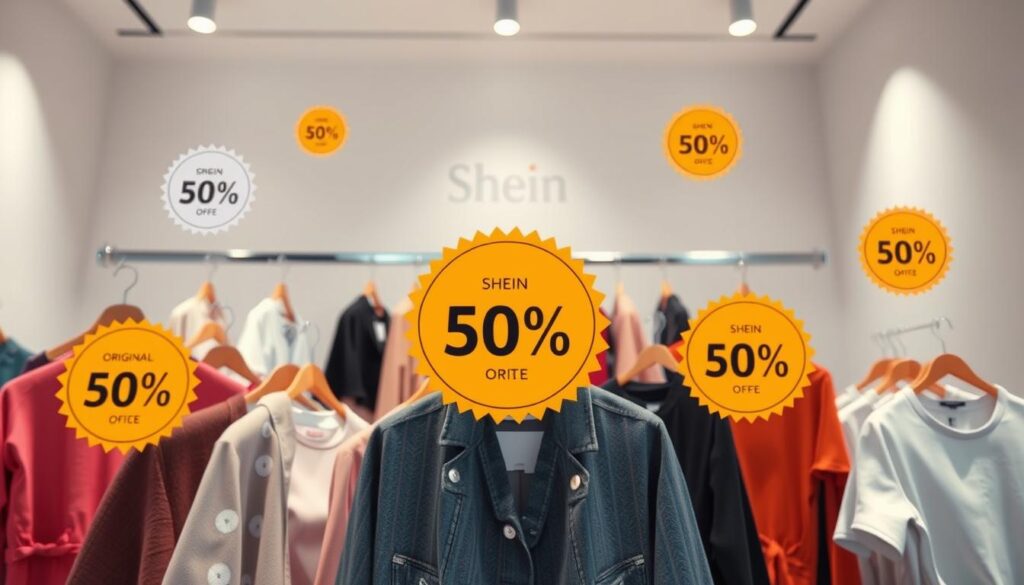A vibrant, photorealistic scene depicting the pricing and discounting strategies of the Shein fashion brand. In the foreground, a meticulously detailed display of various Shein clothing items, each with its original price and discounted price prominently showcased. The middle ground features an array of virtual price tags and discount badges hovering over the products, conveying a sense of the brand's dynamic pricing and promotional tactics. The background is a clean, minimalist setting, allowing the focus to remain on the central pricing narrative. The lighting is soft and diffused, creating a sense of depth and emphasizing the textural details of the clothing. The overall composition and color palette evoke a sleek, modern aesthetic that aligns with Shein's brand identity.