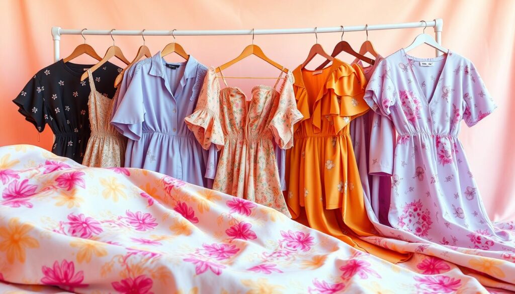 A vibrant spring collection unfolds against a soft, pastel backdrop. In the foreground, an array of trendy garments showcase Shein's 2025 color palette - delicate pinks, soothing lavenders, and energetic citrus hues. Intricate floral prints and abstract patterns dance across the fabrics, creating a visually captivating display. The lighting is warm and diffused, casting a gentle glow that enhances the garments' tactile textures. The composition is balanced, with the clothing items arranged in a visually appealing manner that allows each piece to shine. An overall sense of freshness and optimism permeates the scene, perfectly capturing the essence of the upcoming spring season.