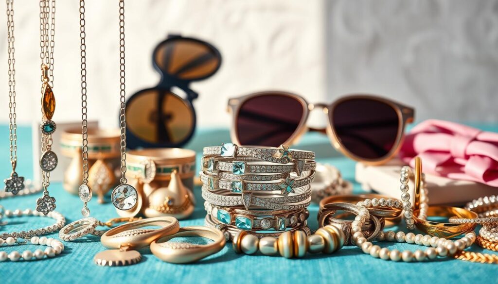 A vibrant still life of Shein accessories, captured in soft, natural lighting. In the foreground, an assortment of jewelry pieces - delicate necklaces, glittering earrings, and stacked bracelets in a variety of metals and finishes. In the middle ground, a collection of stylish sunglasses, both classic and on-trend frames, arranged artfully. The background features a subtle, textured backdrop, hinting at the latest Shein fashion trends. The overall composition exudes a sense of effortless elegance, inviting the viewer to explore and discover the perfect accessories to elevate their personal style.