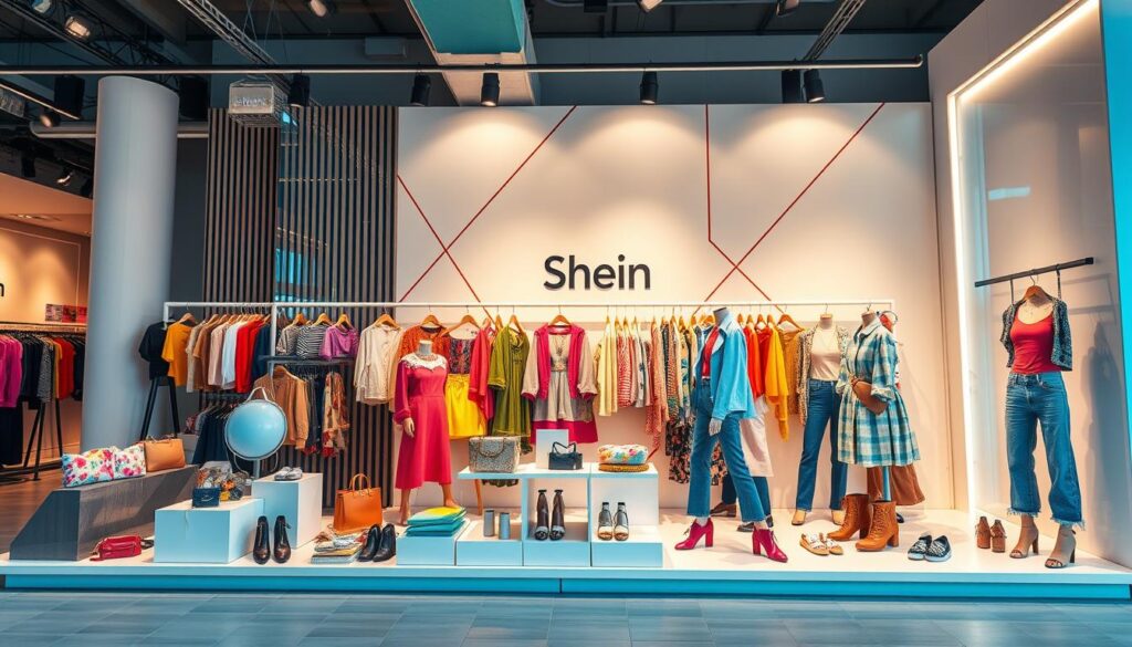 A vibrant, stylish fashion display showcasing the latest Shein trends. In the foreground, a dynamic arrangement of colorful clothing items, accessories, and apparel exemplifying the brand's diverse offerings. The middle ground features a modern, minimalist backdrop with clean lines and geometric patterns, highlighting the products. Soft, diffused lighting casts a warm, inviting glow, emphasizing the textures and details of the fashion pieces. The overall atmosphere conveys a sense of contemporary style, trendiness, and accessibility that embodies the Shein fashion experience.